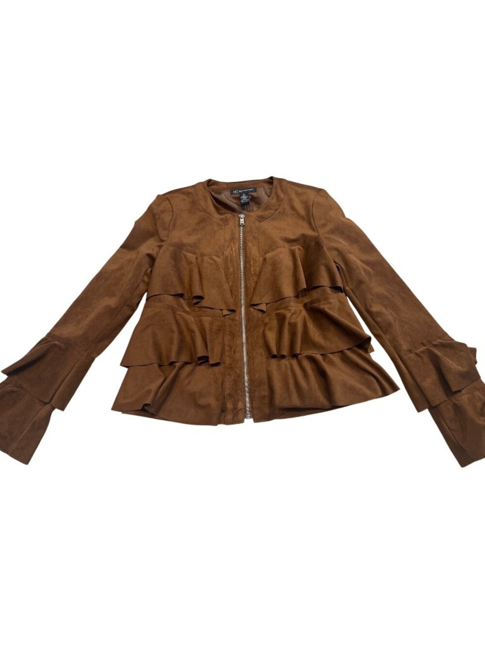 INC International Concepts Brown Faux Suede tiered Ruffle Jacket Petite PP 2-4